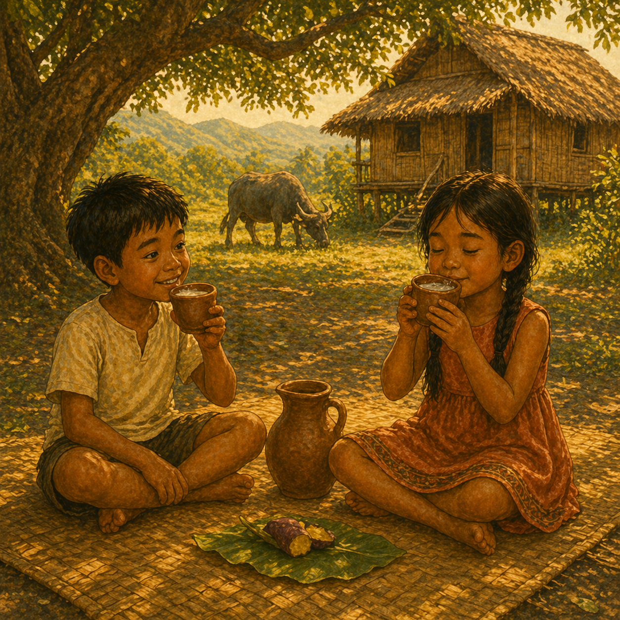 Interior: two children sharing a snack under a tree