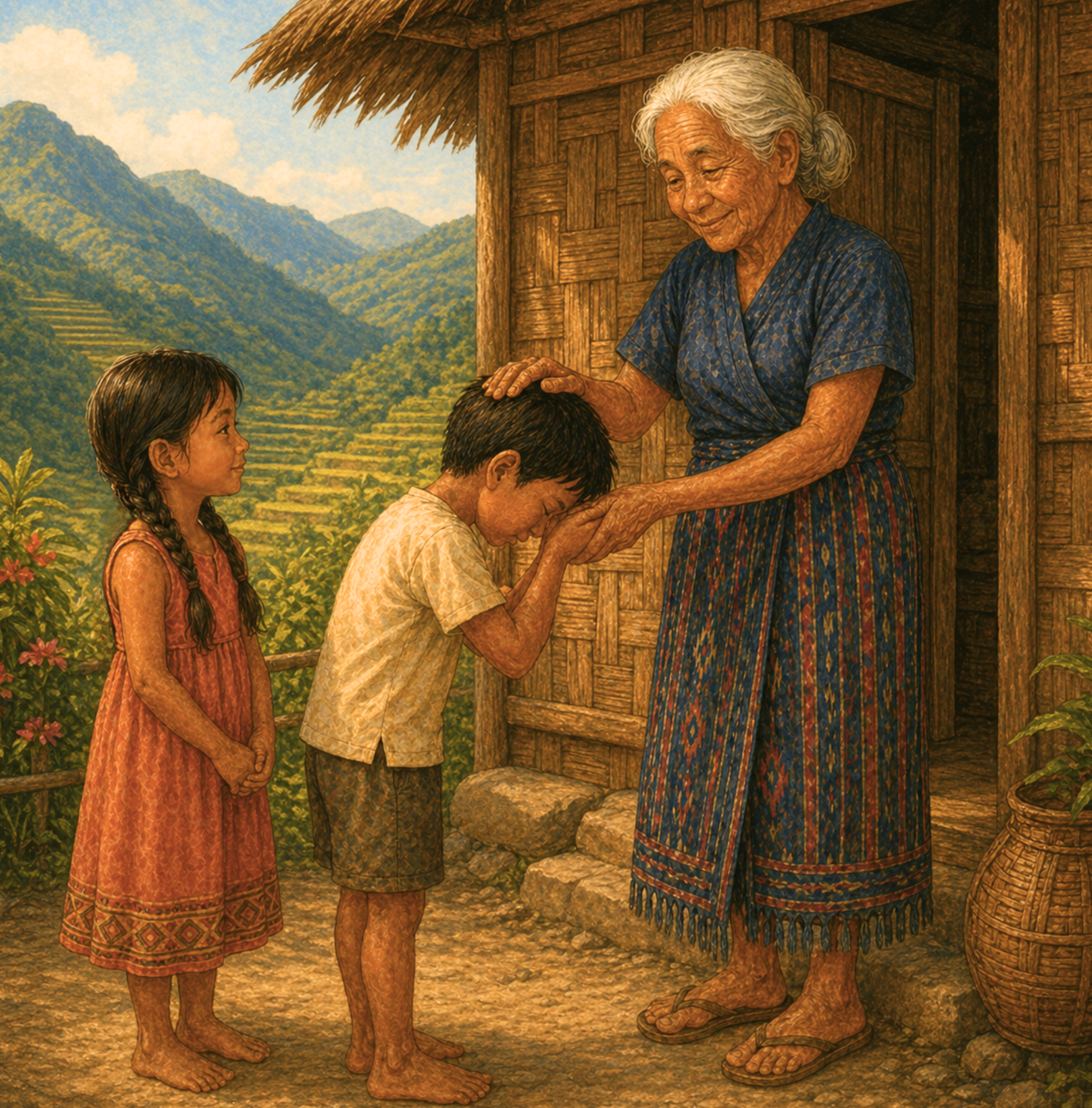 Interior: a grandmother blessing a young boy