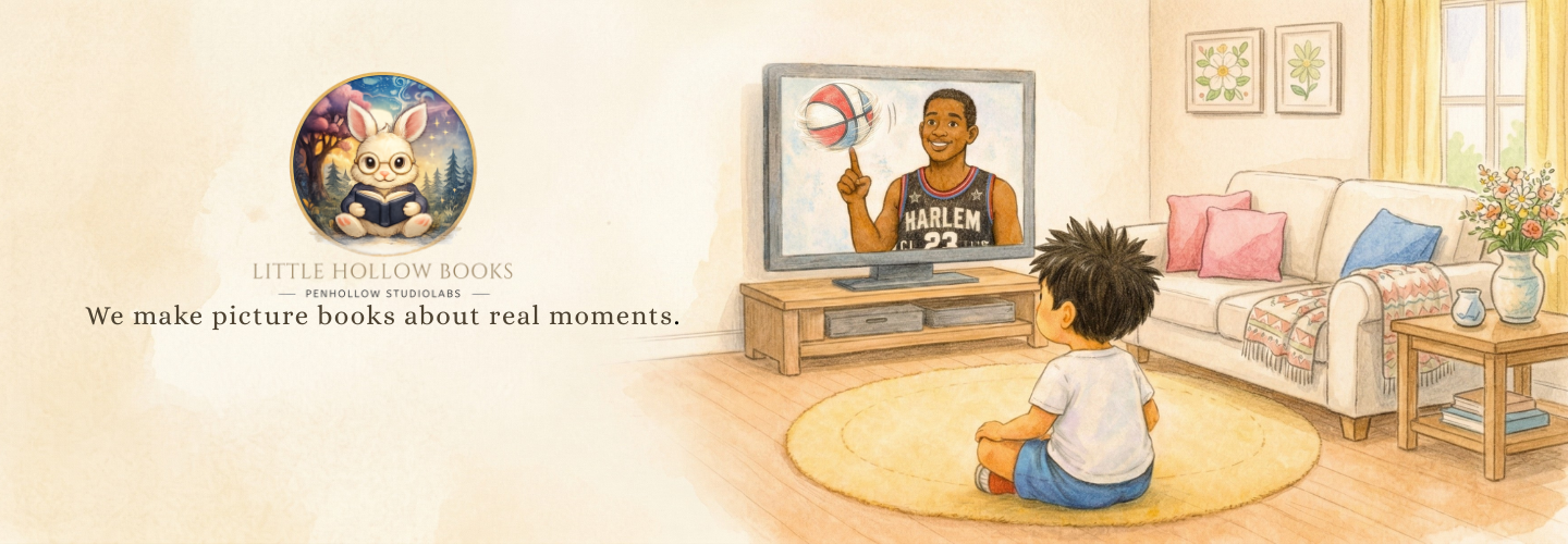 Little Hollow Books banner — a boy watching the Harlem Globetrotters on TV