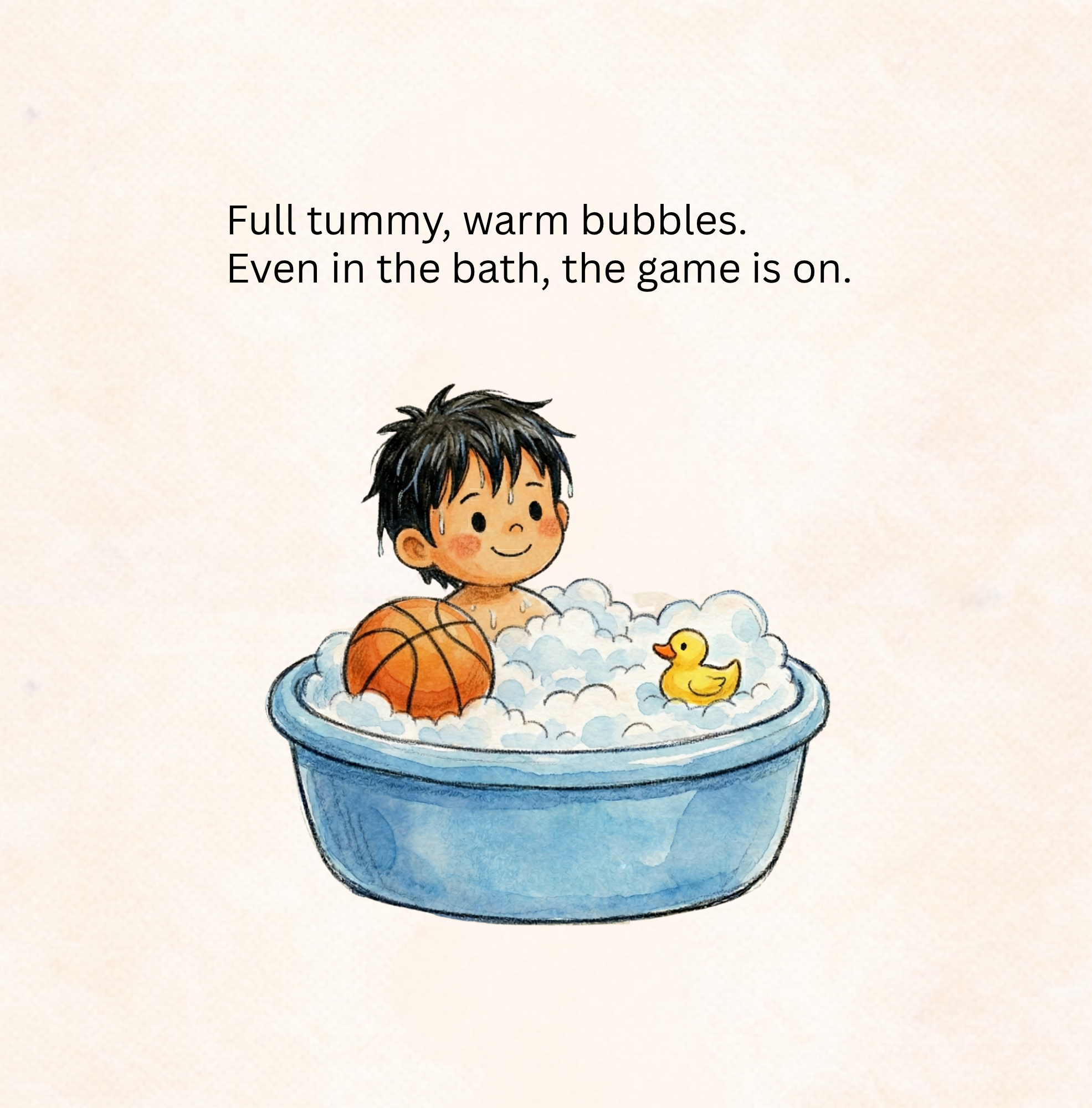 Interior: a boy in the bath with a basketball