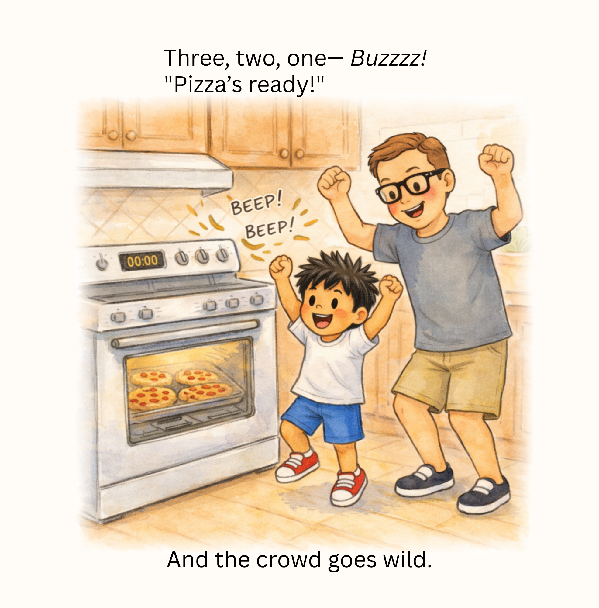 Interior: celebrating while the pizza bakes