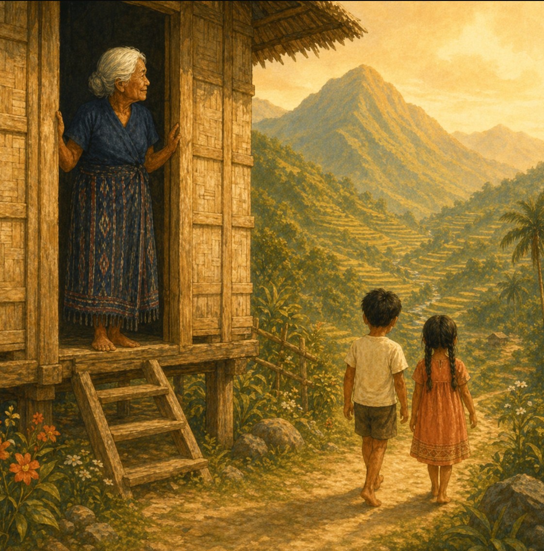 An elderly Ilocana woman watches two children walk toward the mountains